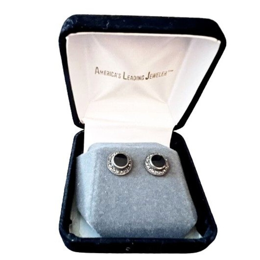 Vintage Onyx & Marcasite Sterling 925 Earrings Pierced Post Studs NIB